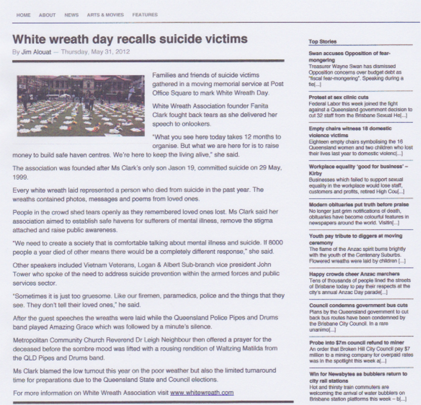 White Wreath Day recalls suicide vicims - Newsbytes - Thursday 31 May 2012