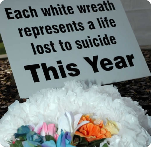 Each white wreath represents a life lost to suicide this year